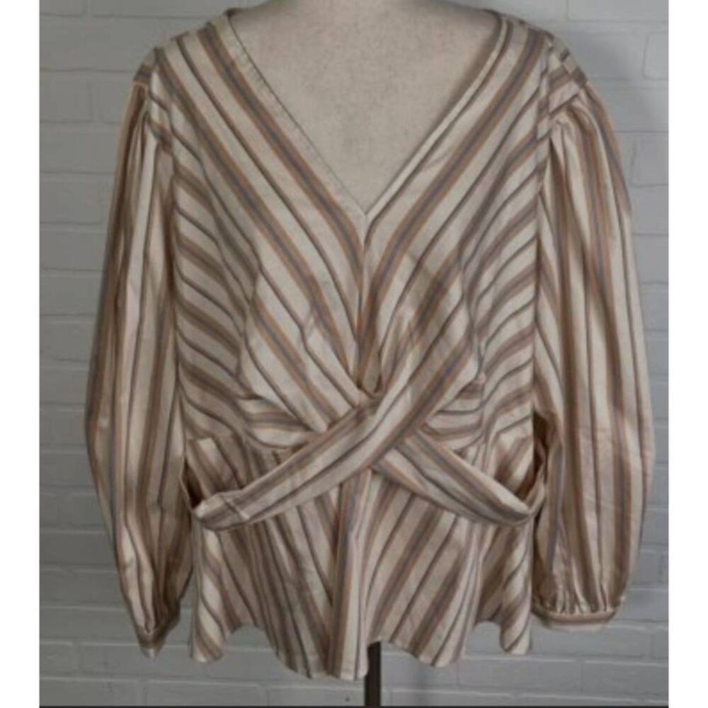Maurices Blouse Women 3XL Beige Blue Stripe Cross Drape Boho Peasant Peplum (R)